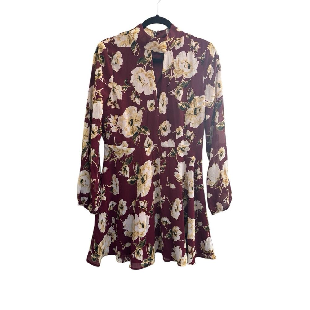 Lucca Womens Medium Burgundy Mini Dress Big Floral Keyhole Front #3626